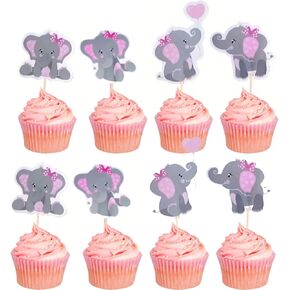 24 Pcs Elephant Cupcake Toppers for girls Birthday Party Decor Elephant Cupcake Picks Decorations, Cake and Baking Decor,Muffin Cake Picks for party,Pizza and Ice Cream toppers (Pink)