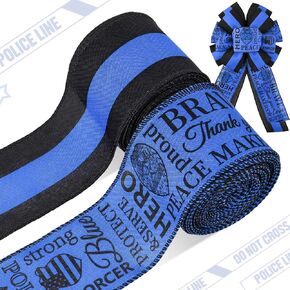 2 Rolls 20 Yards Police Support Wired Edge Ribbon, 2.5"Blue Black Stripe Police Badge Burlap Ribbon Memorial Day Patriotic Ribbons for Wreath Bow Making Police Support Decorations Supplies DIY Crafts
