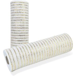 2 Rolls of Christmas Decor Mesh Ribbon，10 inch x 30 feet(10 Yard) Each Roll，Metallic Foil Silver and White Rolls for Wreaths, Swags and Christmas Tree Decoration