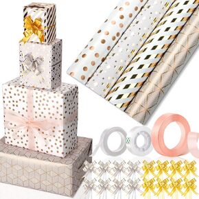 Gold Wrapping Paper 4 Rolls, Birthday Wrapping Paper Mini Roll - 17 Inch X 120 Inch Per Roll, White with Gold Foil Design Gift Wrapping Paper Roll for Birthday, Holiday, Party, Wedding, Graduation