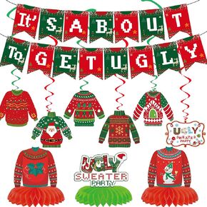 Ugly Sweater Christmas Party Decorations,It's About To Get Ugly Sweater Christmas Banner,Hanging Swirls and Table Decorations Honeycomb Centerpieces for Ugly sweater Christmas Party Supplies
