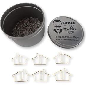 Butler in the Home 100 Count House Home Shaped Paper Clips Great for Paper Clip Collectors or Realtor Office Gift - Comes in Round Tin with Lid and Gift Box - Silver Metal