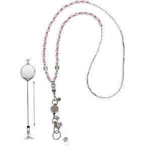 Hidden Hollow Beads Retractable Badge Reel, Women's Beaded Lanyard Strong ID Card Holder, Keys Teacher Nurse Cruise Keychain