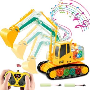 Remote Control Excavator Toy with Music and Lights 2x1000 mAh RC Construction Vehicles Transparent Excavator Toy for Kids Chrimas Birthday Gifts for Boys 3-5 4-7 8-12 Year Old