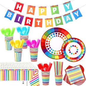 Sepamoon 258 Pcs Rainbow Party Supplies Include 7 Inch Rainbow Party Plates 9 Inch Party Plates Happy Birthday Banner Rainbow Tablecloth Cups Napkin Spoons Forks Knives Straw for 32 Guests Party Decor