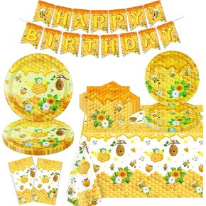 123 Pack Bee Party Supplies Bee Themed Birthday Party Decorations Set Honey Bee Happy Birthday Supplies Include Plates, Napkins, Birthday Banner, Party Tablecloth for 40 Guests