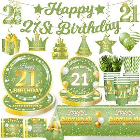 21st Birthday Decorations, Green Happy 21st Birthday Decorations 21st Birthday Plates and Napkins Sage Green Gold 21st Birthday Decorations Party Supplies 21st Birthday Decorations for Her