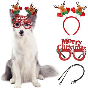 Dog Christmas Costume Set, Glitter Holiday Party Christmas Hat Headbands and Santa Claus Glasses with Strap for Large Dogs Xmas Cosplay Costume Decoration Accessories