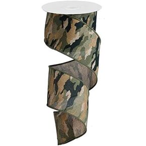 Camouflage Print Woven Ribbon, Woodland Green Tan,2.5 Inch x 10 Yards