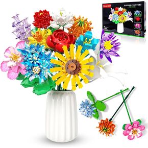 Flower Bouquet Building Set,1009PCS Creative DIY Plant Bouquet Decoration,12 Artificial Flowers Botanical for Adults Women Girls Ages 6+,Idea Gifts for Mother's Day, Birthdays, No Vase