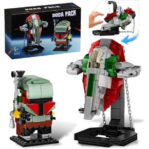 Boba Fett Starship Microfighter Tensegrity Building Set, Boba Fett Brick Figure Headz and Slave 1 Tensegrity Model Compatible with Lego