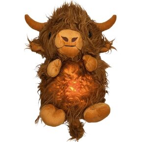 New Soothing Snuggle Cute Highland Cow Stuffed Animal, Soothing Breathing Highland Cow Stuffed Animal, Sleeping Cow Plush Toy with Realistic Breathing Action and Lighted Music (A)