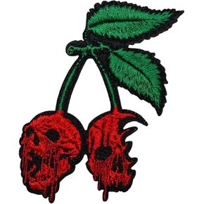 Bleeding Skull Cherry Patch – 3.5 inches, Cool Colorful Gothic Cherry Iron On Patch – Embroidered Bloody Goth Patches Iron On/Sew On