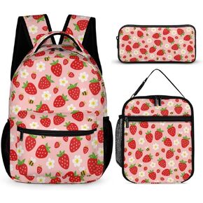 3PCS 17"" Strawberry Backpack, Shoulders Backpack with Insulated Lunch Bag Durable Strawberry Laptop Bag Daypack with Multiple Pockets (Strawberry), Standard