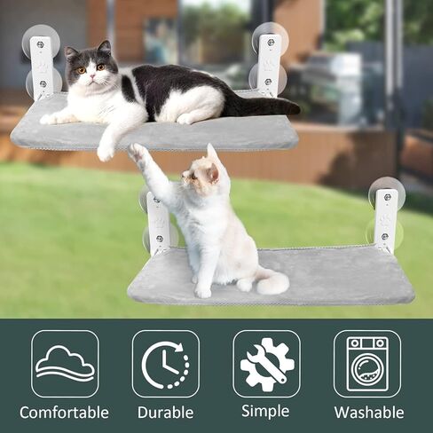 Sunhoo 2PCS Cat Window Hammock Perch Cordless Window Sill Seat Bed Foldable Kitty Lounger Indoor Cats Shelf Stable Upgraded Suction Cup Easy Assembly 20.5 * 11.8in Hold Up to 55lbs (Grey, M) in Kuwait