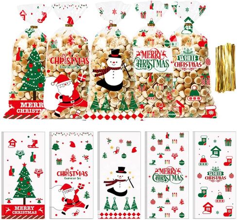 Mstar Pack 100 Pcs Christmas Cellophane Treat Bags,Candy Cookies Gift Present Bags for Theme Party (5.04x10.63 Inch) in Saudi Arabia