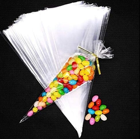 100 Pieces (7x15 Inch) Clear Cone Bags with Twist Ties for Candies, Cookies, Popcorn, Sweets, Chocolates and More; Perfect for Birthday, Wedding, Halloween, Christmas and Other Social Events in Kuwait