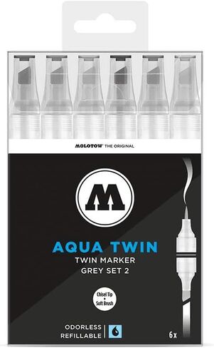 MOLOTOW Aqua Twin Marker Grey Set 1, Brush and Chisel Nib, Assorted Colors, 6 Marker Set, 1 Set Each (729.303) in Kuwait