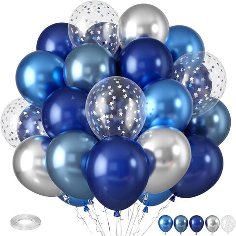 Blue Silver Balloons, Pearl Navy Blue Balloons Metallic light Blue and Silver Balloons Silver Star Confetti Balloons for Boys Girls Birthday Graduations Baby Shower Wedding Engagement Decorations in Saudi Arabia