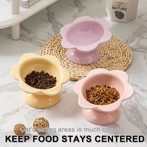Ceramic Raised Cat Food Bowl, Tilted Flower Shaped Food or Water Bowl for Cats and Small Dogs, Anti Vomiting Pet Feeder Dish Whisker Fatigue Cat Bowl, Butter Yellow in Kuwait