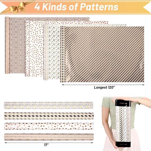 Gold Wrapping Paper 4 Rolls, Birthday Wrapping Paper Mini Roll - 17 Inch X 120 Inch Per Roll, White with Gold Foil Design Gift Wrapping Paper Roll for Birthday, Holiday, Party, Wedding, Graduation in Saudi Arabia