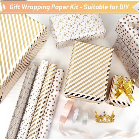Gold Wrapping Paper 4 Rolls, Birthday Wrapping Paper Mini Roll - 17 Inch X 120 Inch Per Roll, White with Gold Foil Design Gift Wrapping Paper Roll for Birthday, Holiday, Party, Wedding, Graduation in Saudi Arabia