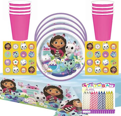 Gabby's Dollhouse Party Supplies Pack Serves 16: Gabbys Dollhouse Plates Napkins Cups and Table Cover - includes Birthday Candles - Gabby Dollhouse Bundle for 16 in Saudi Arabia