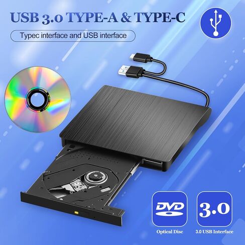 محرك أقراص CD/DVD خارجي لأجهزة الكمبيوتر المحمول، مشغل DVD محمول USB 3.0 من النوع C لأجهزة الكمبيوتر المحمول، ناسخ أقراص مضغوطة CD ROM محرك أقراص خارجي بصري متوافق مع أجهزة الكمبيوتر المحمول المكتبية وأجهزة Mac Windows Mac Linux OS (أبيض) in Saudi Arabia