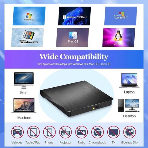 محرك أقراص CD/DVD خارجي لأجهزة الكمبيوتر المحمول، مشغل DVD محمول USB 3.0 من النوع C لأجهزة الكمبيوتر المحمول، ناسخ أقراص مضغوطة CD ROM محرك أقراص خارجي بصري متوافق مع أجهزة الكمبيوتر المحمول المكتبية وأجهزة Mac Windows Mac Linux OS (أبيض) in Saudi Arabia