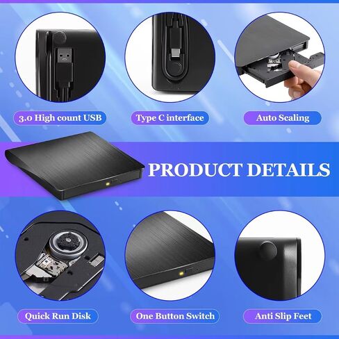محرك أقراص CD/DVD خارجي لأجهزة الكمبيوتر المحمول، مشغل DVD محمول USB 3.0 من النوع C لأجهزة الكمبيوتر المحمول، ناسخ أقراص مضغوطة CD ROM محرك أقراص خارجي بصري متوافق مع أجهزة الكمبيوتر المحمول المكتبية وأجهزة Mac Windows Mac Linux OS (أبيض) in Saudi Arabia