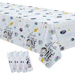 Outer Space First Birthday Party Supplies Tablecloth Boy - Disposable Space 1st Birthday Decorations Tablecover, Houston We Have a One-Year-Old Birthday Table Cloth - 3 Pack (54in x 108in)