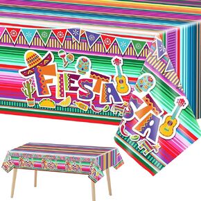 Mexican Fiesta Party Tablecloth Decorations 54 x 108 Inch Cinco De Mayo Striped Disposable Plastic Tablecloth Fiesta Taco Night Birthday and Mexican Themed Party Supplies