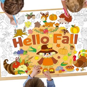 Hello Fall Coloring Poster for Kids Large Autumn Painting Tablecloth for Boys Girls Birthday Party Decors Art Crafts 31.5 x 43.3 Inches