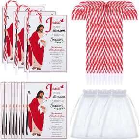 36 Pcs Christmas Bulk Include 12 Candy Cane Ballpoint Pens 12 Jesus Cardstock and 12 Organza Bags Christmas Stocking Stuffers for Christian Religious Party Favors