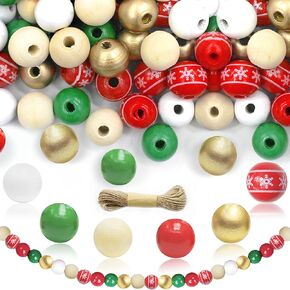 240 Pieces Christmas Wooden Beads with Rope, Red Green White Peppermint Swirl 16mm Colored Round Winter Christmas Wood Beads for Xmas DIY Jewelry Making Garland Home Holiday Party Decor