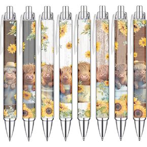 8 PCS Cute Highland Cow Print Pens,Cow Lovers Gifts,Cow Decor School Office Supplies,Cow Gifts for Women Girls Teen