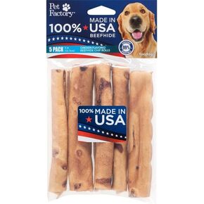 Pet Factory 100% Made in USA Beefhide 5" Chip Rolls Dog Chew Treats - Chicken Flavor, 5 Count/1 Pack