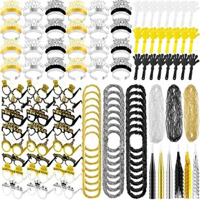 192 Pcs 2025 New Year's Eve Party Supplies Includes Happy New Year Headband Noise Makers New Year Glasses Bead Necklaces Plastic Leis Hand Clapper Noisemaker for New Year Party Favors Decor