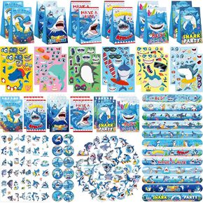 114PCS Shark Party Favors Set - 12 Shark Bracelets Wristbands 54 Shark Stickers 12 Shark Favor Bag 12 Shark Tattoo Stickers 12 Shark Notepads 12 Shark Button Pins for Ocean Shark Party Supplies, Blue