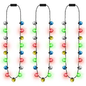 Christmas Light Necklace, 3PCS Light up Bells Christmas Necklace, Glowing Xmas Necklaces with 17 Ringing Bells, 3 Modes Light Accessories Gifts Bulk for Ugly Sweater New Years Eve Family Party Favors