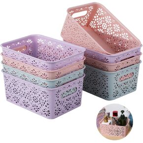 8 PCS Plastic Storage Baskets, Bathroom Basket Organizers with Handle, Portable Hollow Storage Baskets, Stackable Bins for Home Bathroom Office School Flower Pattern