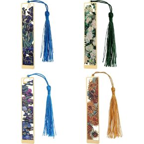 4Pcs Metal Bookmarks with Tassel, Golden Hollow Flower Bookmark Van Gogh Oil Painting Theme Book Mark Bookmarks Retro Handmade Bookmarks for Writers Readers Book Lovers Students Teachers Men Women