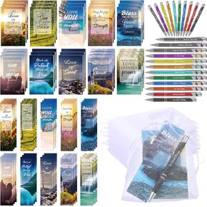 Sinmoe 120 Pcs Bible Gifts Set Include 30 Bible Verses Bookmarks 30 Scripture Ballpoint Pens 30 Christian Notebooks 30 White Organza Bags for Women Men Christmas Party Decoration