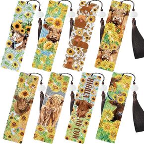 Diamond Painting Bookmarks Set - 8PCS Highland Cow 5D Diamond Art Bookmarks Kit with Tassel Sunflower Bookmarks Set for Highland Cow Lover Office Useful Project DIY Crafts Gifts Teacher