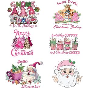 6Pcs Christmas Iron on Transfers Heat Transfer Santa Claus Iron on Decals Lovely Pink Christmas Trees Snowmen Iron on Stickers Christmas Drink Designs Iron on Applique for Clothing Pillow Cover