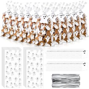 Gueevin 150 Set Halloween Bat Cellophane Candy Treat Bags Cello Favor Bags Ghost Bat Cookie Goodie Bags Bulk with Twist Ties Gift Cards for Halloween Party Supplies