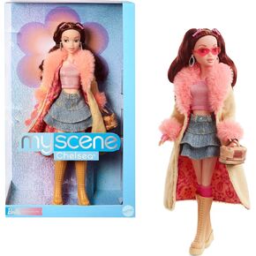 Barbie Signature My Scene Doll and Accessories, Chelsea in Y2K-Inspired Outfit with Butterfly Top, Cargo Jeans, Denim Bag and Doll Stand