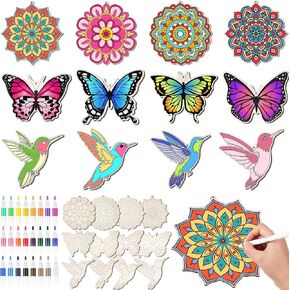 Gerrii 37 Pcs Wooden Mandala Painting Kit Including 4 Mandala 4 Butterfly 4 Hummingbird 24 Colored Markers and 1 Drawstring Bag, Unfinished Wood Cutouts with Hole for Home Hanging Ornament DIY Craft
