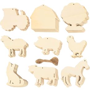 45pcs Farm Animals Unpainted Wood Cutout Shapes Cow Pig Chicken Horse Sheep Dog Unfinished Animal Wooden Ornaments Blank Tags for Christmas Party Wall Decor