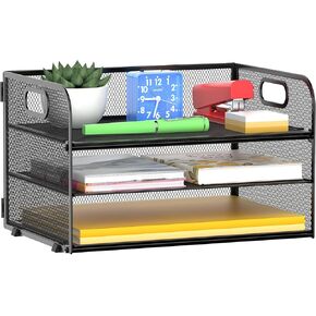 3 Tier Paper Letter Organizer Tray for Desk, Mesh Desk File Organizer with Handle, Paper Organizer for Desk, Letter Tray Organizer for Office Home School (1 Pack), Black